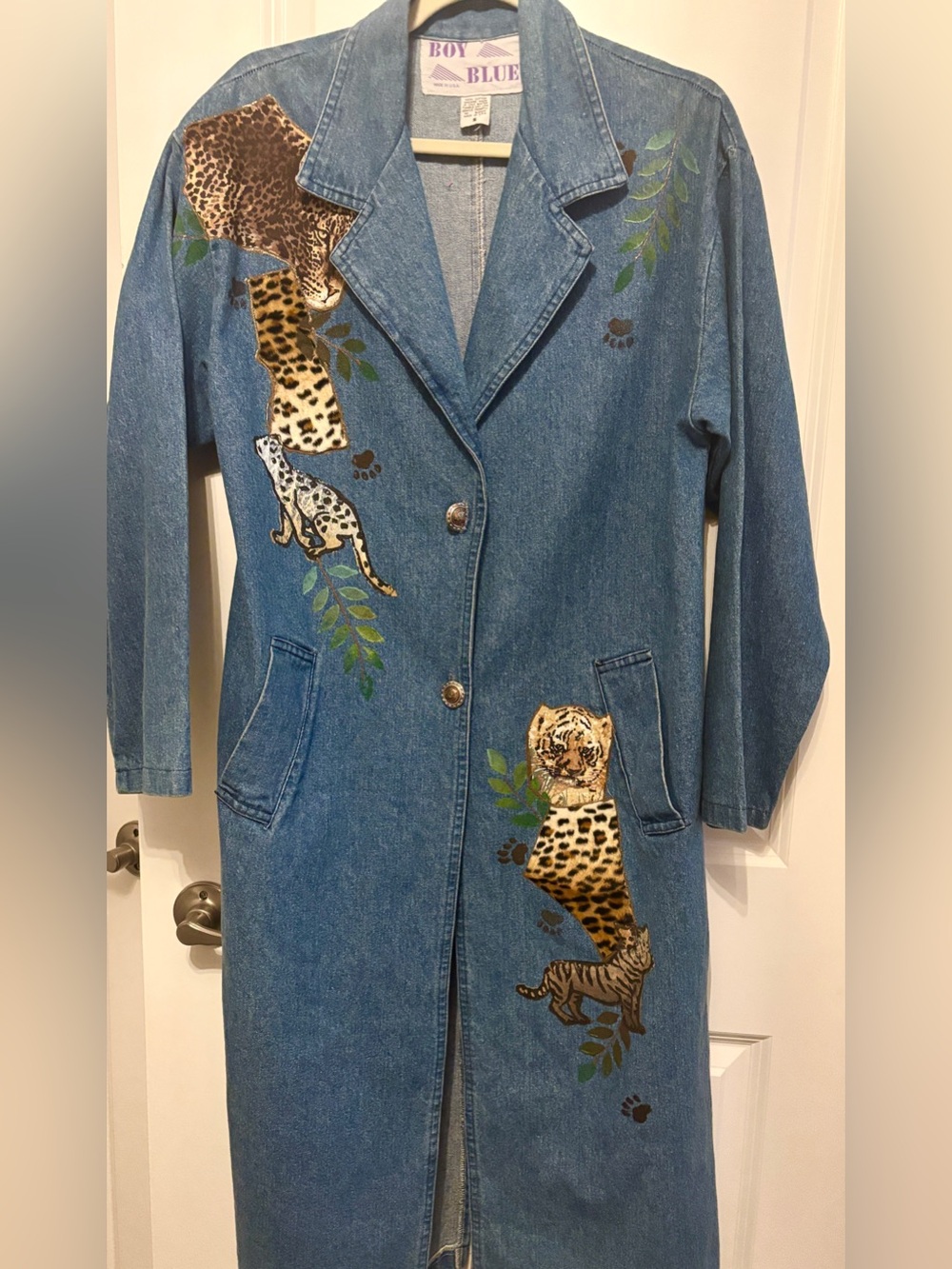 Vintage 80s 90s Boy Blue Denim Duster Coat S Leopard Tiger Animal Appliqué USA